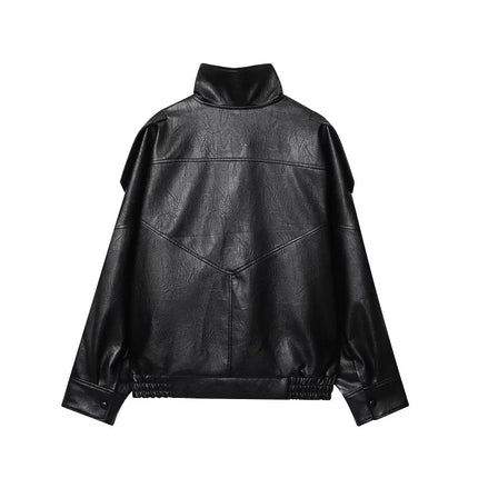 MUJER Black Faux Leather Jackets for Women Outerwears Office Women's Bomber Jacket Snap Button Demi-season Jacket for Women Coat