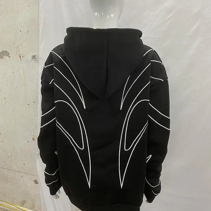 Street Retro Fashion Clothing Striped Embroidered Black Double Zipper Hoodie American Hip-hop Punk Oversized Sweatshirt women