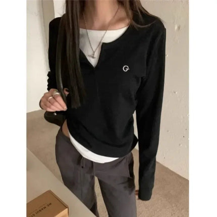 2024 Autumn Winter Long Sleeves Korean Fashion Style O-neck T-shirt for Women Fake Two-Piece T-shirts Ladies Top Tee Clothes