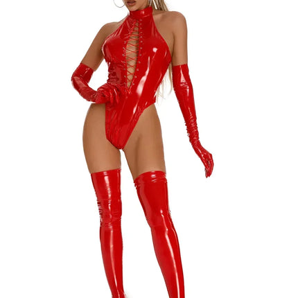 New Women Sexy Lace up Lingerie Bodysuit Patent Leather Mock Neck Body Suit Glossy Zipper Catsuit for Club Pole Dancing Full Set