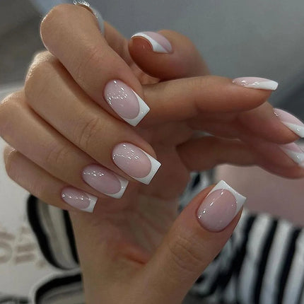24Pcs Simple Square Head Fake Nail with nude design White Gradient French Press on False Nails Short Full Cover Nail Tips