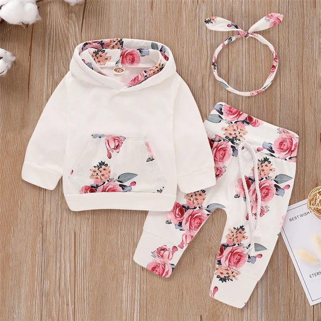 0-18 Months Newborn Baby Girl Floral Clothes Set Hooded Printed Top+Pant+Headband 3PCS Autumn&Winter Toddler Girl Fashion Outfit