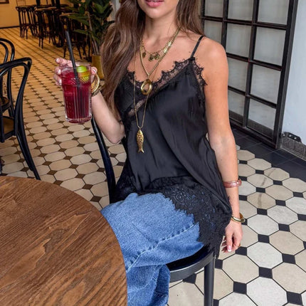 Women Lace Trim Satin Tank Top Sexy Solid V Neck Silk Camisole Top Summer Fashion Asymmetrical Backless Spaghetti Strap Camisole