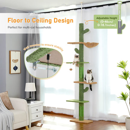 Cat Tree 5-Tier Floor to Ceiling Cat Tower Cactus Tall Climbing Tree with Scratching Post Hammock Dangling Ball for Indoor Cats