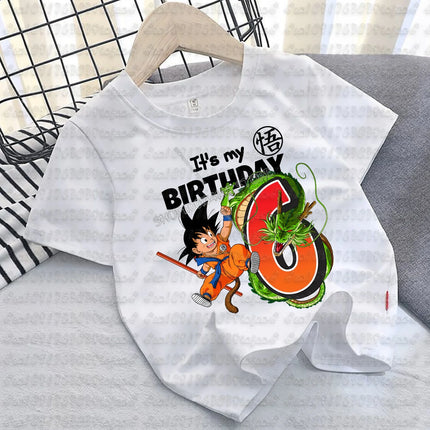 Dragon Ball Goku T-shirt Cotton for Children Birthday Figure Tee Top Boy Girl Clothes Anime Short Sleeve Kids White Loose Gift