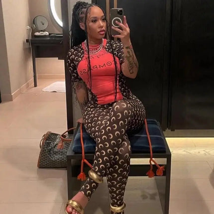 Stretch 2 Piece Set Women Short Sleeve T Shirt Tight Pants Moon Print Slimming Sportswear Sexy Base Fashion