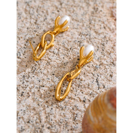 Yhpup Popular Stainless Steel Simulated Pearls Drop Long Hanging Earrings Water Resistant Elegant Chic Charm Daily Jewelry