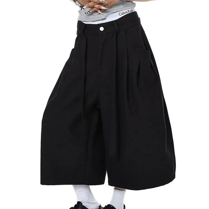 Mauroicardi Spring Summer Loose Soft Baggy Black Scimitar Wide Leg Shorts for Men High Waist Sashes Knee Length Pants Clothes