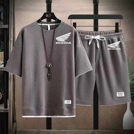 2026 Honda Logo Waffle Men's Summer Short Sleeve And Shorts Two Piece Sets Sports Casual Tracksuit Men Comfortable Cool Shorts O