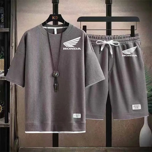 2026 Honda Logo Waffle Men's Summer Short Sleeve And Shorts Two Piece Sets Sports Casual Tracksuit Men Comfortable Cool Shorts O