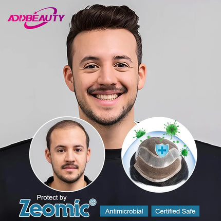 Antibacterial Men Toupee Lace PU Men Topper Bleached Knots Human Hair System Indian Human Hair Wig Natural Capillary Prosthesis