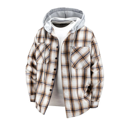 Hooded men's and women's wearable plaid shirts, Japanese shirt jackets for spring and fall, loose-fitting long-sleeve jackets.