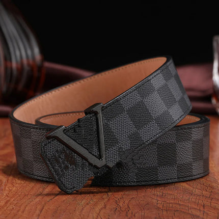 Luxury Plaid Leather Belt Men - Classic Business Smooth Buckle Waist Belt / Luxury Plaid Leather Belt Men - Business