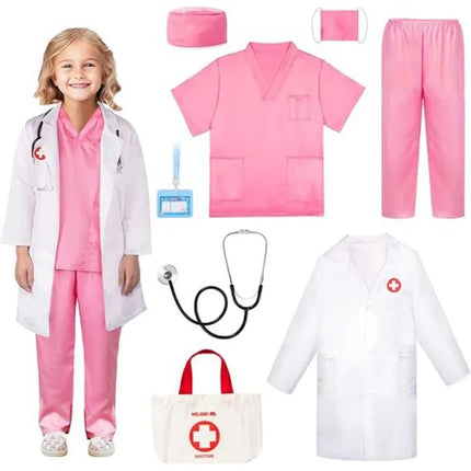 Children Doctor Nurse Cosplay Professional Role-playing Costumes Surgical Gown White Coat with Top Accessories for Boys Girls