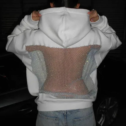 Streetwear Trendy Hoodie Women Fashion Solid Color See Through Backless Hooded Pullover Sweatshirt Female High Street 2025 New