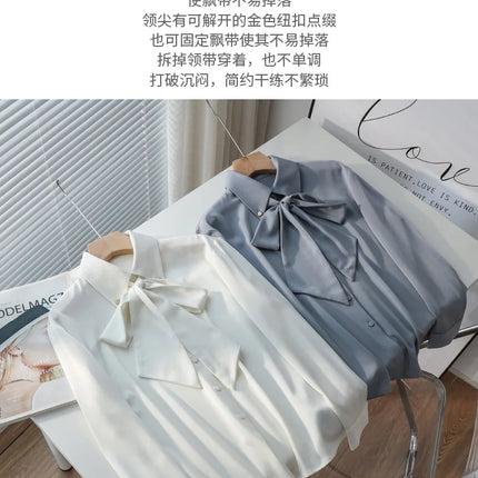 Elegant Long Sleeve Bow Tie Collared Whiteshirt Women's Professional Interview Shirt 2024 New Autumn Collection