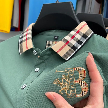 Luxury brand men's short-sleeved polo shirt, summer high-end fashion, plaid embroidery, lapel, casual T-shirt, breathable cotton top