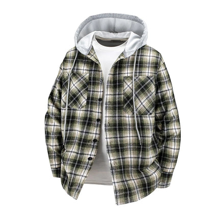 Hooded men's and women's wearable plaid shirts, Japanese shirt jackets for spring and fall, loose-fitting long-sleeve jackets.