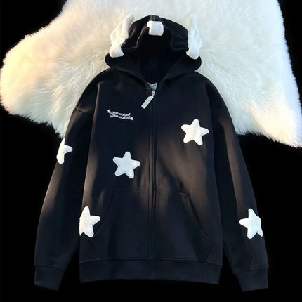 American Vintage Star Patchwork Angel Wings Zipper Hooded for Women Autumn Winter Casual Loose Long Sleeved Cardigan Sweatshirt