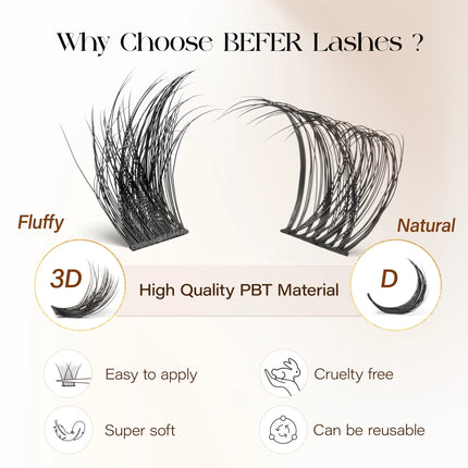 BEFER Cluster Lashes D Curl DIY Eyeslash Extension Lash Cluster Fluffy Volume Individual Natural False Eyelashes Clusters