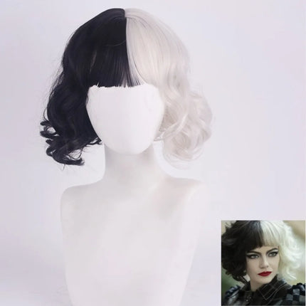 Cosplay Halloween Party Wigs CRUELLA Deville De Vil Black White With Bangs Short Bob Hair for Women Heat-Resistant Synthetic Wig
