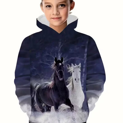 Cool Horse Girl Clothes Animals 3D Print Autumn Long Sleeve Hoodies Loose Lightweight Sweatshirt Comfortable Children's Clothing