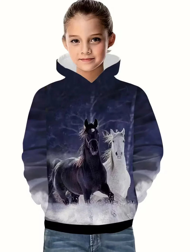 Cool Horse Girl Clothes Animals 3D Print Autumn Long Sleeve Hoodies Loose Lightweight Sweatshirt Comfortable Children's Clothing
