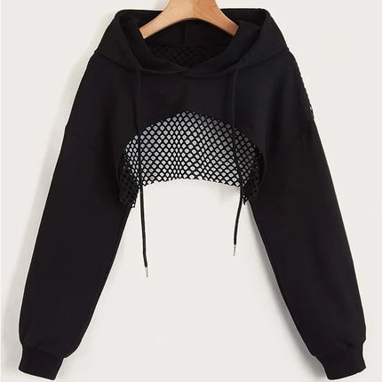 Street Sport Drop Shoulder Drawstring Hollow Out Super Crop Sports Hoodie Without Cami Top