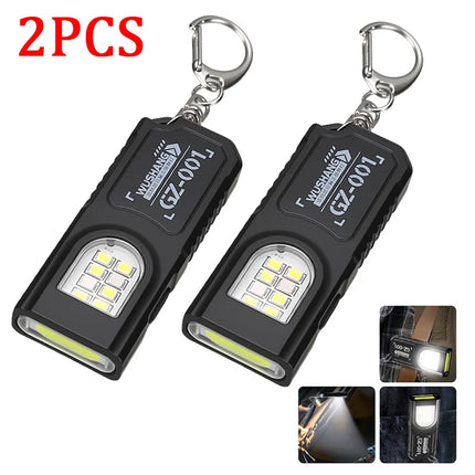D9 2PCS Super Bright Mini EDC Flashlight USB Rechargeable Keychain Lamp with Tail Magnet Work Light Red and Blue Light Torch