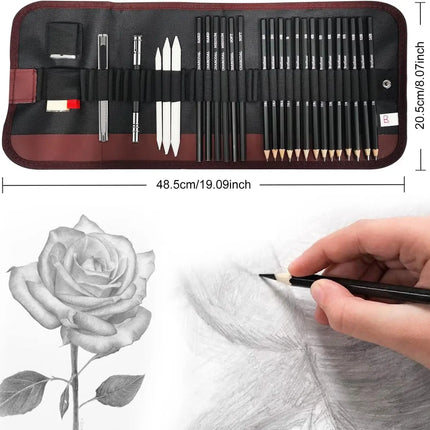 29Pcs Drawing Kit Sketching Pencils Set,Portable Pen Curtain-Charcoal Pencils, Sketch Pencils, Charcoal Stick,Sharpener,Eraser