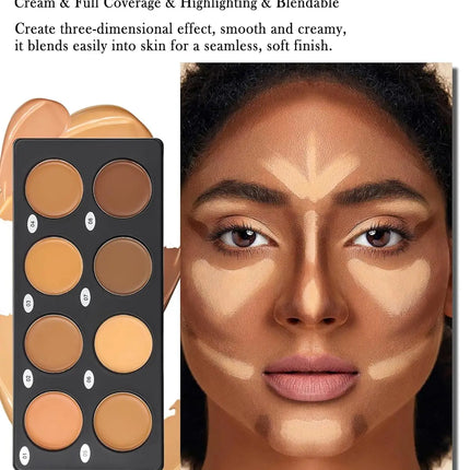 8 Color Cream Contour Palette Makeup, Long Lasting Full Coverage Concealer for Black Women, Contouring Foundation