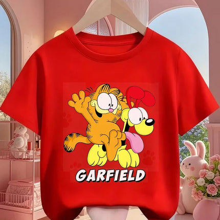 Summer Garfield Fashion T-Shirt Children Boys Girls Cute Kawaii Cartoon Crew Neck Street Casual Wear 3-14T