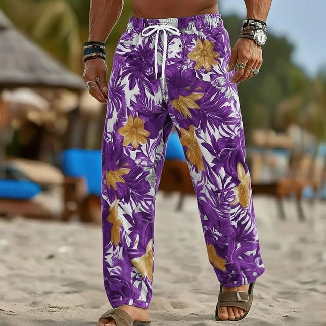 Men's Beach Pants Us flag Flower 3D Print Drawstring Casual Summer Vacation Loose Breathable Hawaiian Trousers Men Clothing