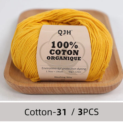 3PCS 100% Organic Cotton Yarn Machine Washable For Adult Baby Sweaters/Gloves/Scarves/Hats Etc. 50 gr (1.76 oz) 125 m (136 yrd)