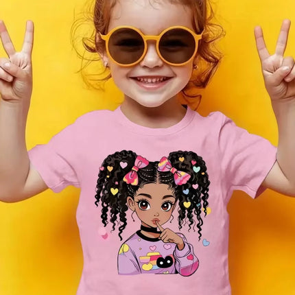 Girls' Summer Crew-Neck Short-Sleeved Top New Black Girls Cute Top Girls Clothes Cartoon Print T-Shirt Top Children's Clothing