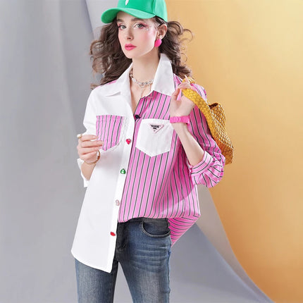 Spring new striped stitching high-end temperament casual women's shirt top for women