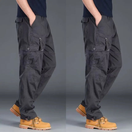 Men's Workwear Pants Multiple Pockets Outdoor Casual Trousers Wear-Resistant Loose Straight Leg Long Pants High Waist Zipper