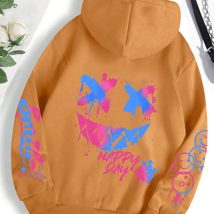 Happy Day Graffiti Print Women Hoodie Street Hip Hop Hoody Fashion Crewneck Versatile Hoodies Vintage Oversize Clothes Female