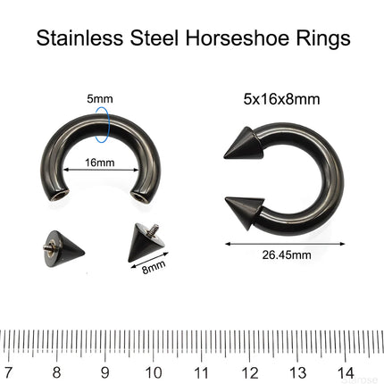 1Pc Large Gauge Black Stainelss Steel Horseshoe Ring with Spike Circular Barbell Piercing Nose Rings Cone Piercing Septum Rings