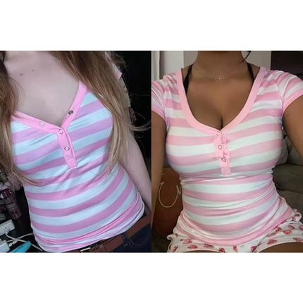 American Retro Hottie T-shirts Pink Striped V-neck Short-sleeved Tees Women's Slim-fit All Match Sweet Tops Casual Streetwear