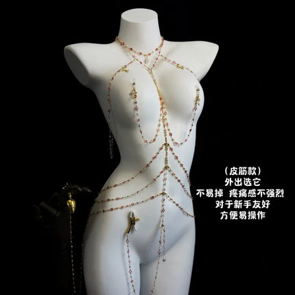 Rhinestone Sexy Chain Nipple Clamps One-Piece Body Chain Luxury Collar Includes Anal Plug and Vaginal Clamps BDSM Training Sexy