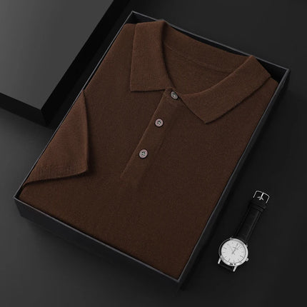 Men's T-shirt summer worsted wool sweater short-sleeved casual solid color men's clothes POLO collar knitted Tops loose Blouse
