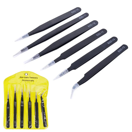 6-piece precision long tweezers ESD anti-static stainless steel tweezers electronic repair welding tools nail art brick clamp