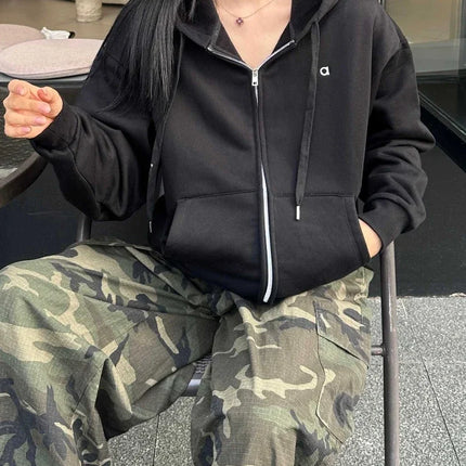 Korean Fit Classic Versatile Drawstring Hoodies Fashion Casual Loose Zipper Hoodies Women Autumn Cotton Long Sleeves Sweatshirt