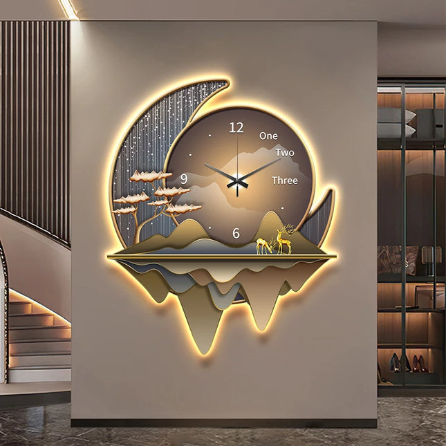 Light luxury restaurant decor painting, creative clock wall lamp, 2024 new living room silent background wall clock