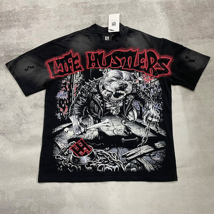 New fashion brand LIFE HUSTLERS Y2K hot stamping hole Men Women T-shirt Streetwear 100% Cotton Loose Round Neck Top Tees