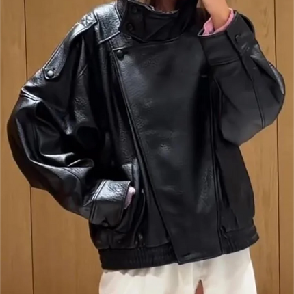 KONDALA Casual Chic Black Leather Jackets Women Long Sleeve Buttons Elastic Oversized Coats Fashion 2026 Spring Streetwear Coats