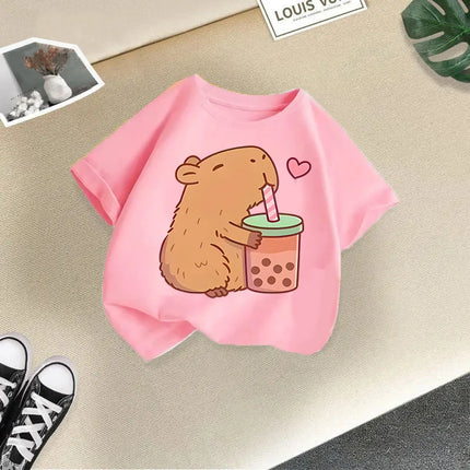 2025 Summer New Cute Animal Kapibala Fashion Printed Children's T-shirt Short Sleeve Fashion Pure Cotton Children's Clothing