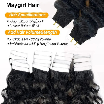 Deep Wave Tape In Extensions 100% Human Hair Deep Curly Tape on Hair Extensions Skin Weft Remy Natural Hair Extensions #1B