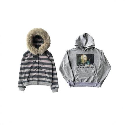 New American loose hooded sports hoodie with striped print for autumn and winter 2026, women's fur collar long sleeved hoodie